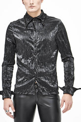 Chemise Punk pour Homme en Toile Noire à Col Replié, Poignets à Coins Aigus, Anneau Léger en Métal et Sangle